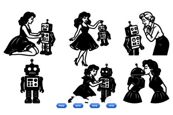 Retro Girl Robot Clipart Set